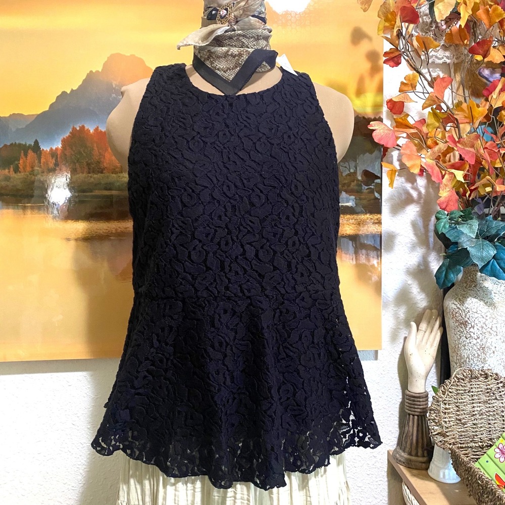LOFT Peplum Lace Top Coquette goth cottage Women Sleeveless Back M Black NEW